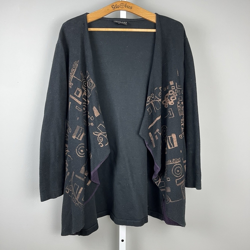 AHNI Knit Waterfall Cardigan Sweater Size 1 Womens M Black Brown‎ Artsy Print